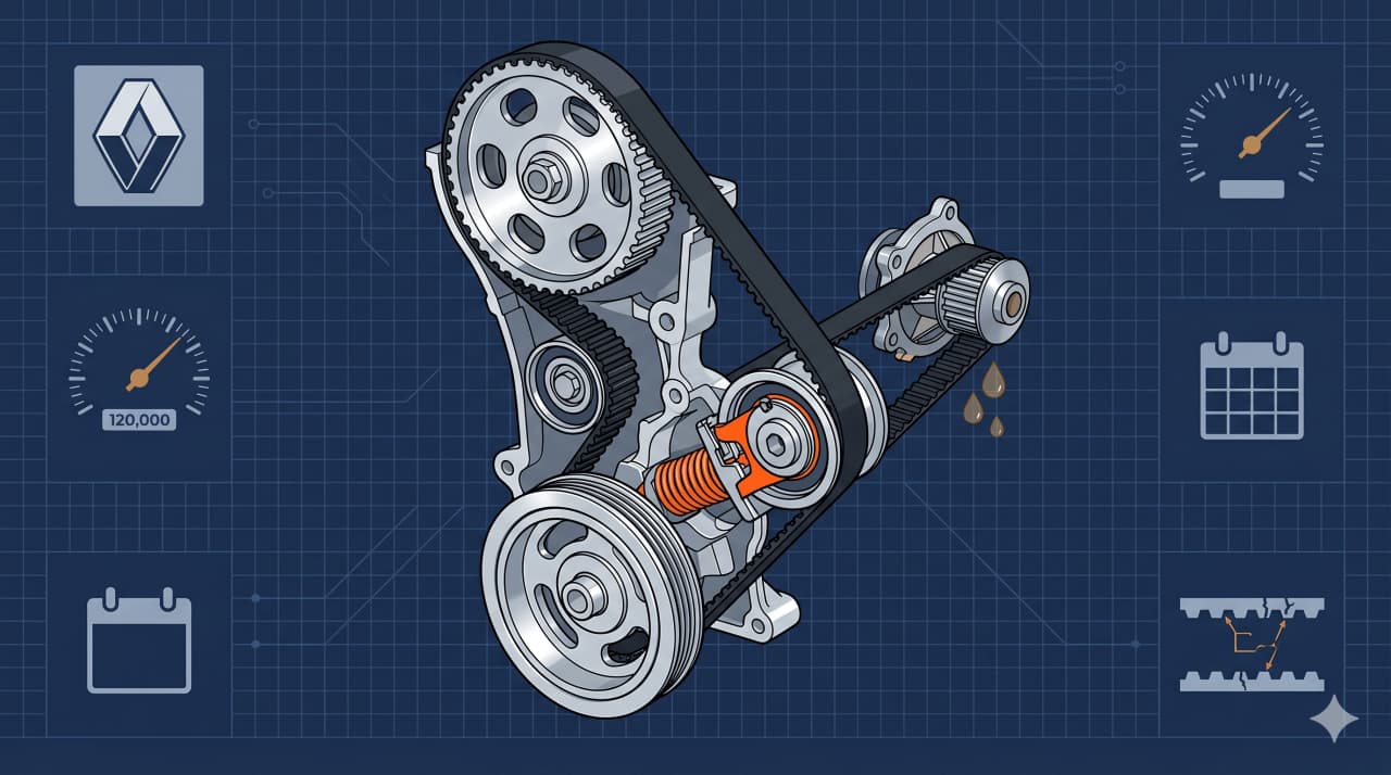 Correa de distribución Ford Fiesta en sección 3D con rodillos y bomba de agua, ilustración técnica blueprint sobre fondo azul oscuro
