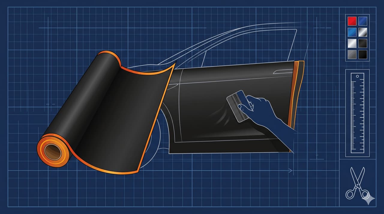 Vinilado de coche en proceso: lámina de vinilo negro mate aplicada sobre la carrocería de un turismo, ilustración técnica blueprint fondo azul oscuro