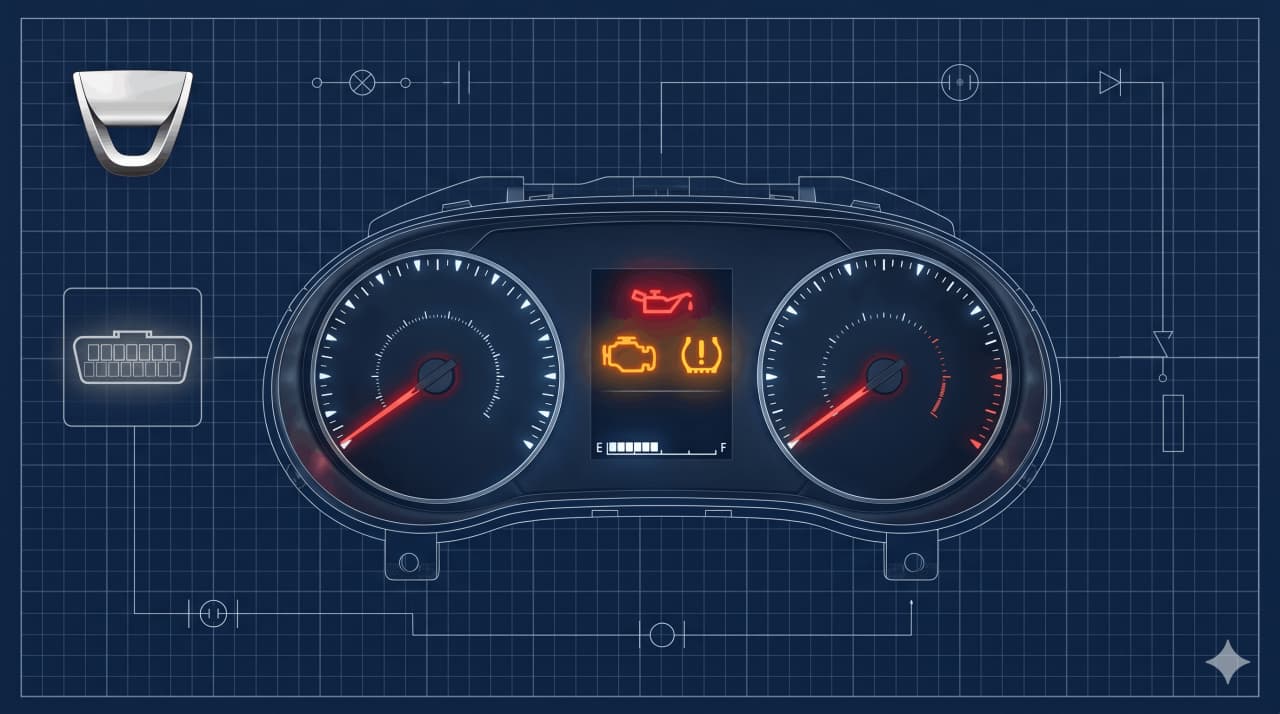 Testigos del salpicadero de un Dacia Sandero iluminados en rojo y naranja, ilustración técnica blueprint sobre fondo azul oscuro