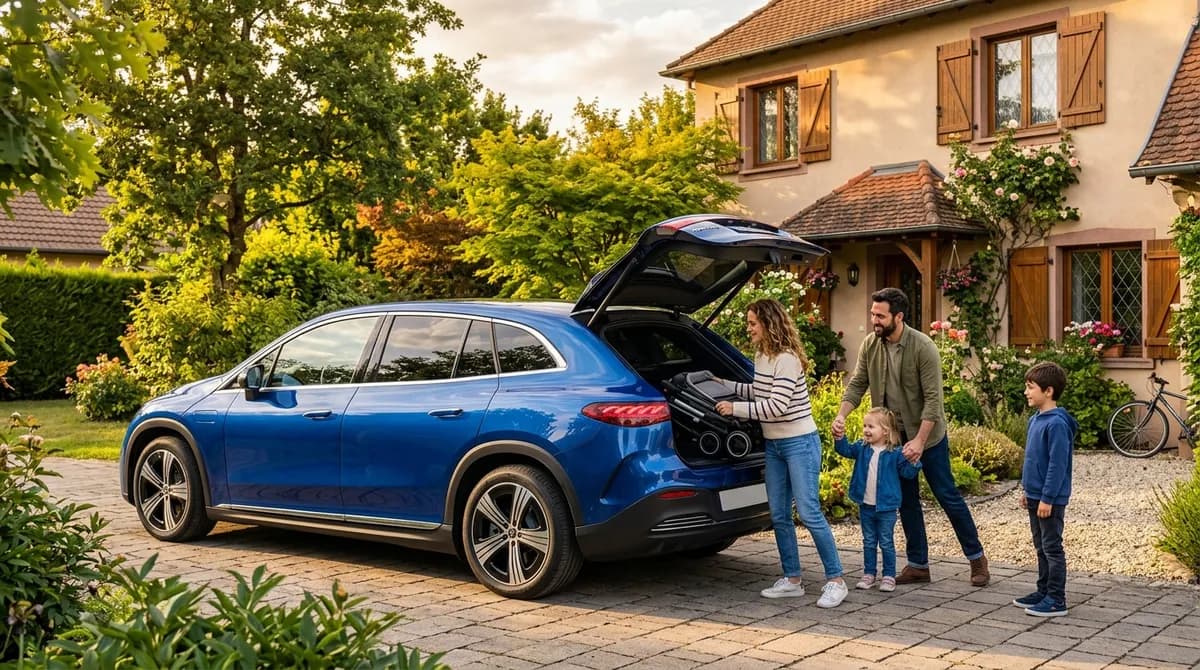 SUV eléctrico familiar azul aparcado frente a una casa europea, maletero abierto con un cochecito, familia con niños